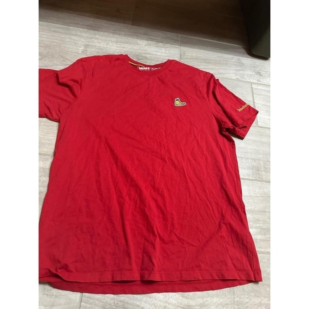 Timberland Mens Red Short Sleeve T-Shirt Yellow Boot Logo XL